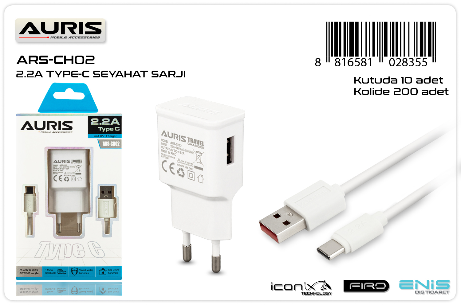 AURİS CH02 TYPE-C 2.2A ŞARJ SET
