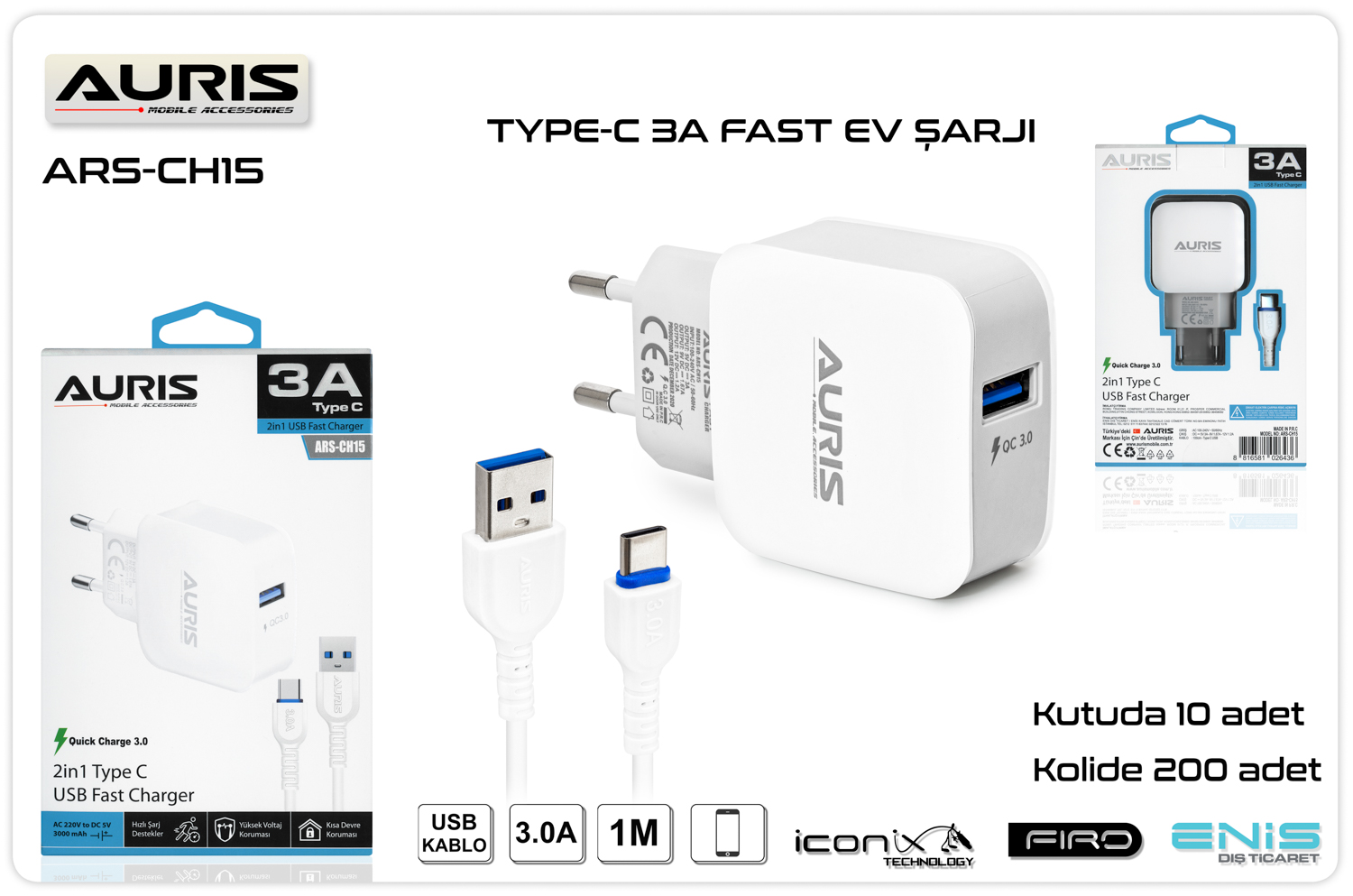 AURİS CH15 3A 15W TYPC ŞARJ ALETİ SET